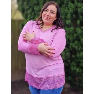 Avenue 30 32 Scoop Neck Lace Detail Sheer Mesh Scallop Hem Long Sleeve Top Boho